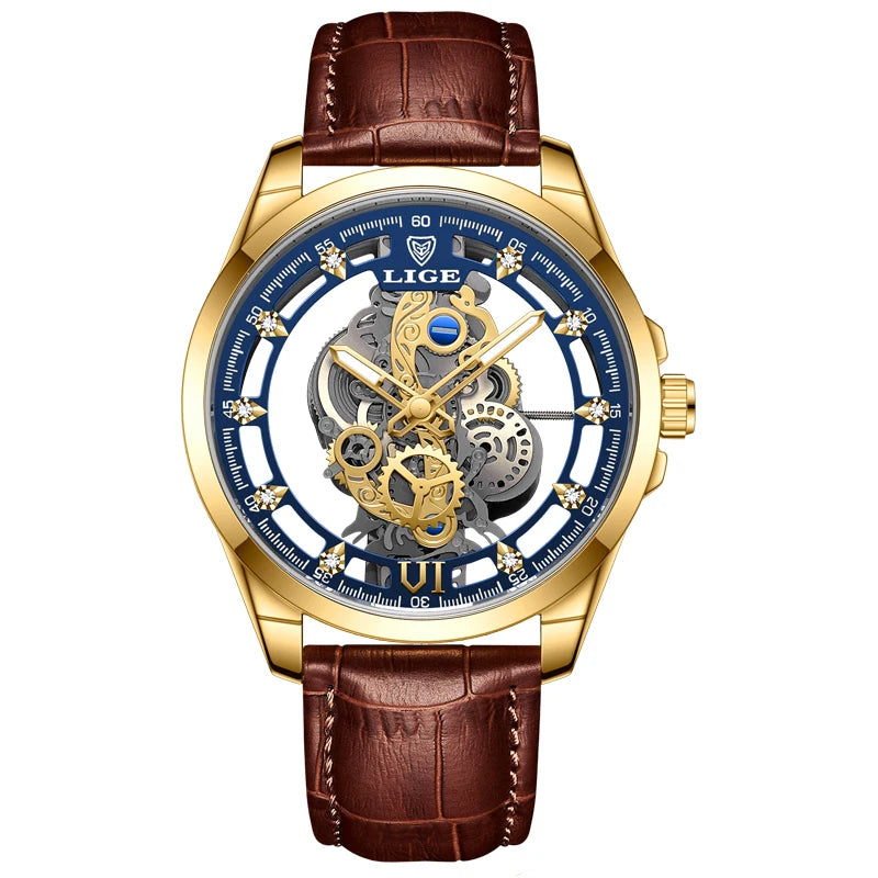 2026 LIGE Men Watch Skeleton Automatic Quartz Watch Gold Skeleton Vintage Man Watch Mens Watches Top Brand Luxury часы мужские