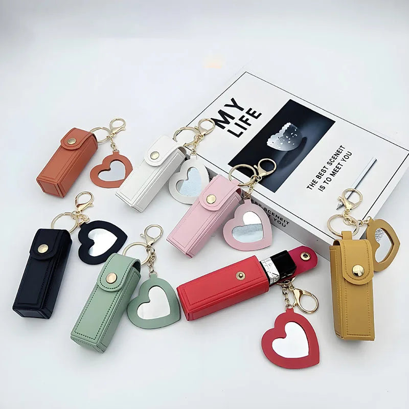 Various colors available, heart-shaped mirror portable mini lipstick bag, portable lipstick bag with mirror, small cosmetic bag,