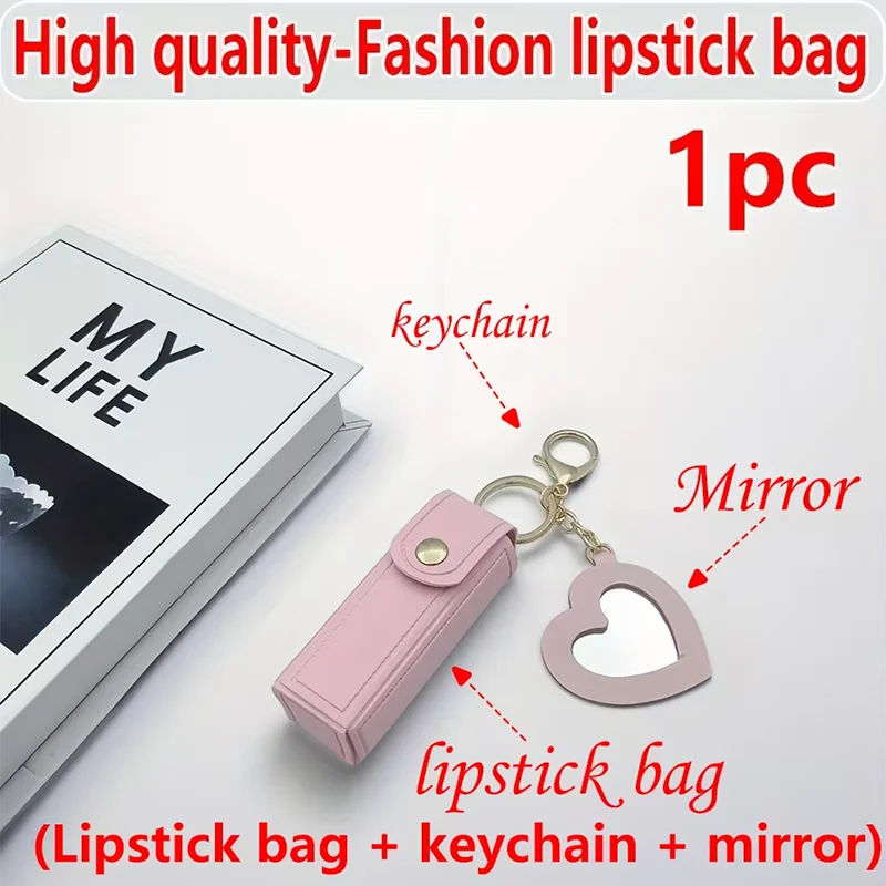 Various colors available, heart-shaped mirror portable mini lipstick bag, portable lipstick bag with mirror, small cosmetic bag,