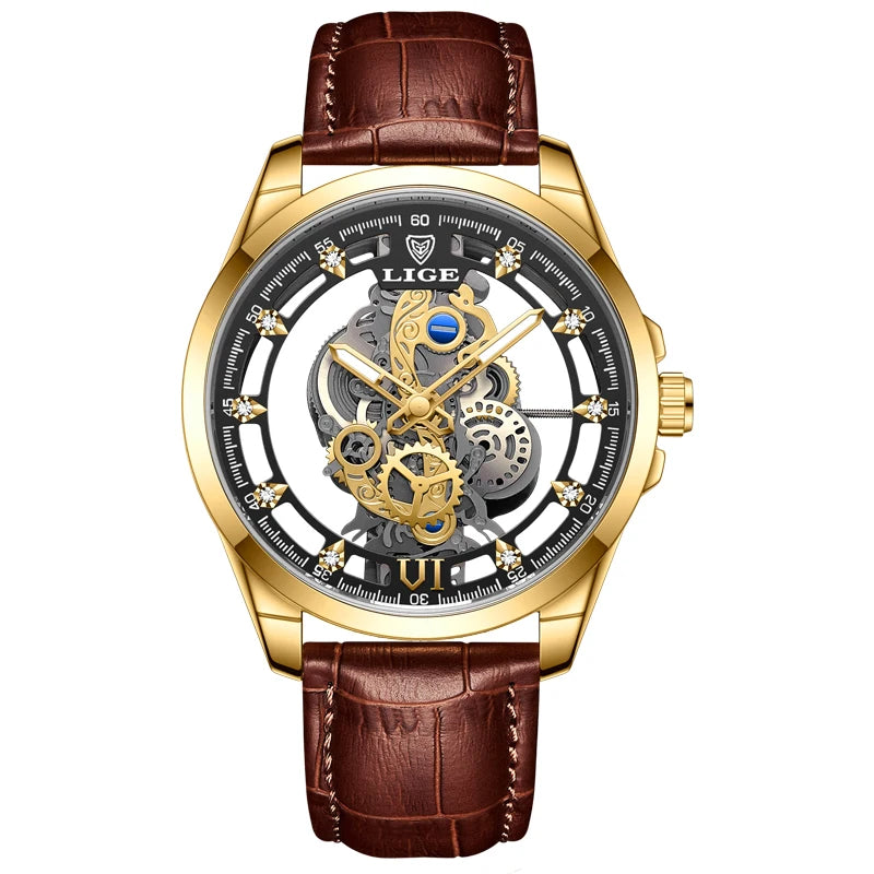 2026 LIGE Men Watch Skeleton Automatic Quartz Watch Gold Skeleton Vintage Man Watch Mens Watches Top Brand Luxury часы мужские
