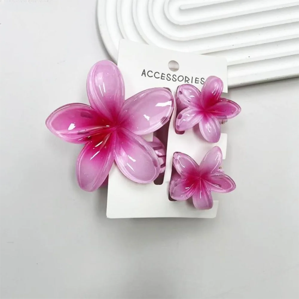 3Pcs/Set Hawaiian Flower Gradient Hair Claws Ponytail Cip Plumeria Flower Shark Clip Barrettes Hairpins For Women Girl