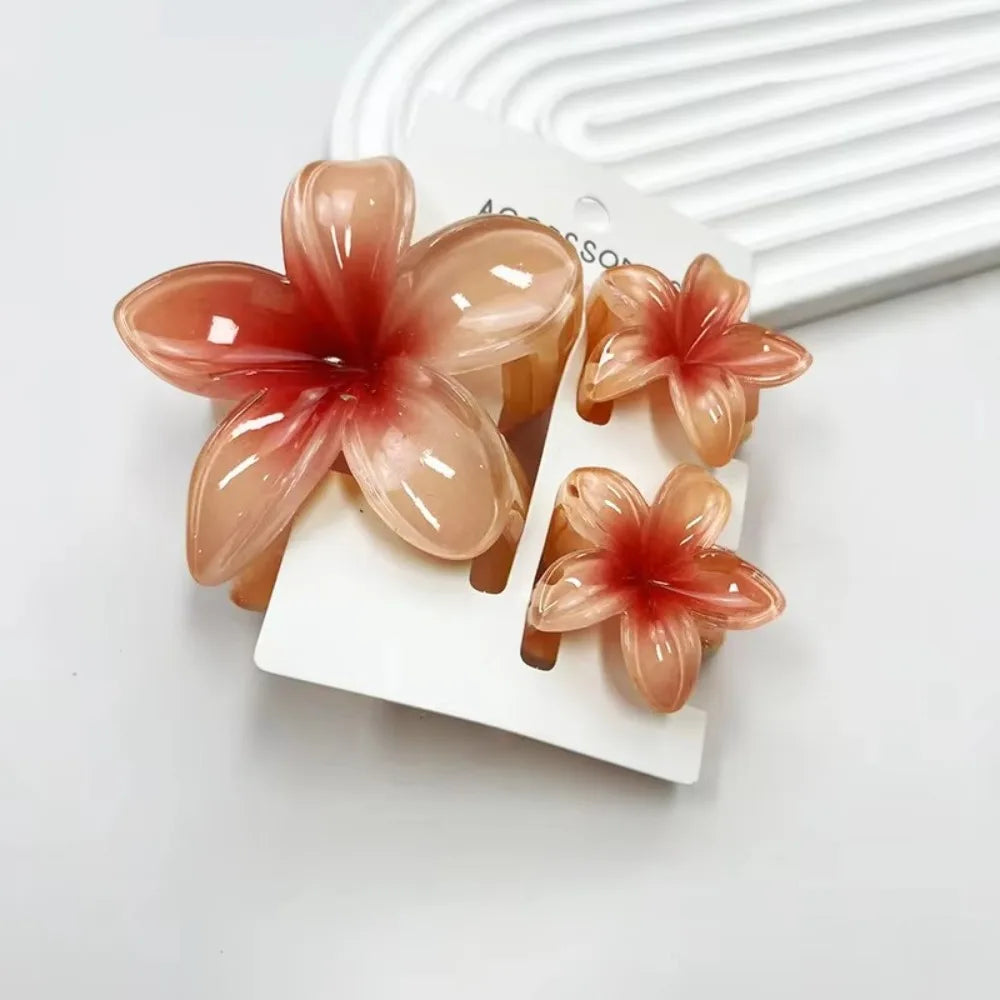 3Pcs/Set Hawaiian Flower Gradient Hair Claws Ponytail Cip Plumeria Flower Shark Clip Barrettes Hairpins For Women Girl