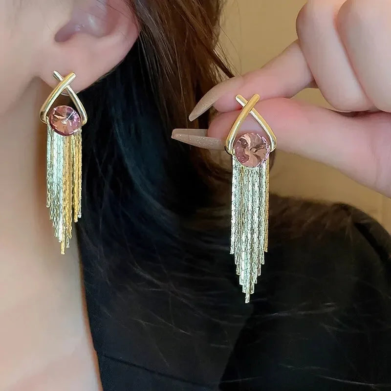 Long Tassel Rhinestones Chains Ear Line Drop Earrings for Women Gold Color Delicate Dangle Earring Hanging Charm Fashion Jewelry