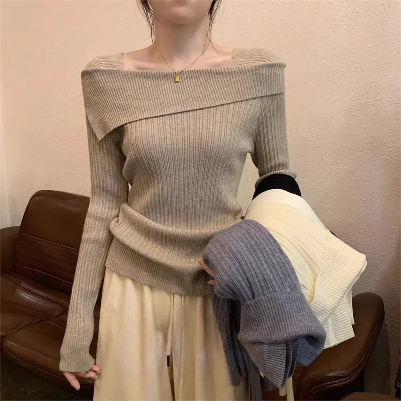 Solid Sexy Slim Off Shoulder Slash Neck Long Sleeve Knitting Sweater Women Jumpers Office Fashion New