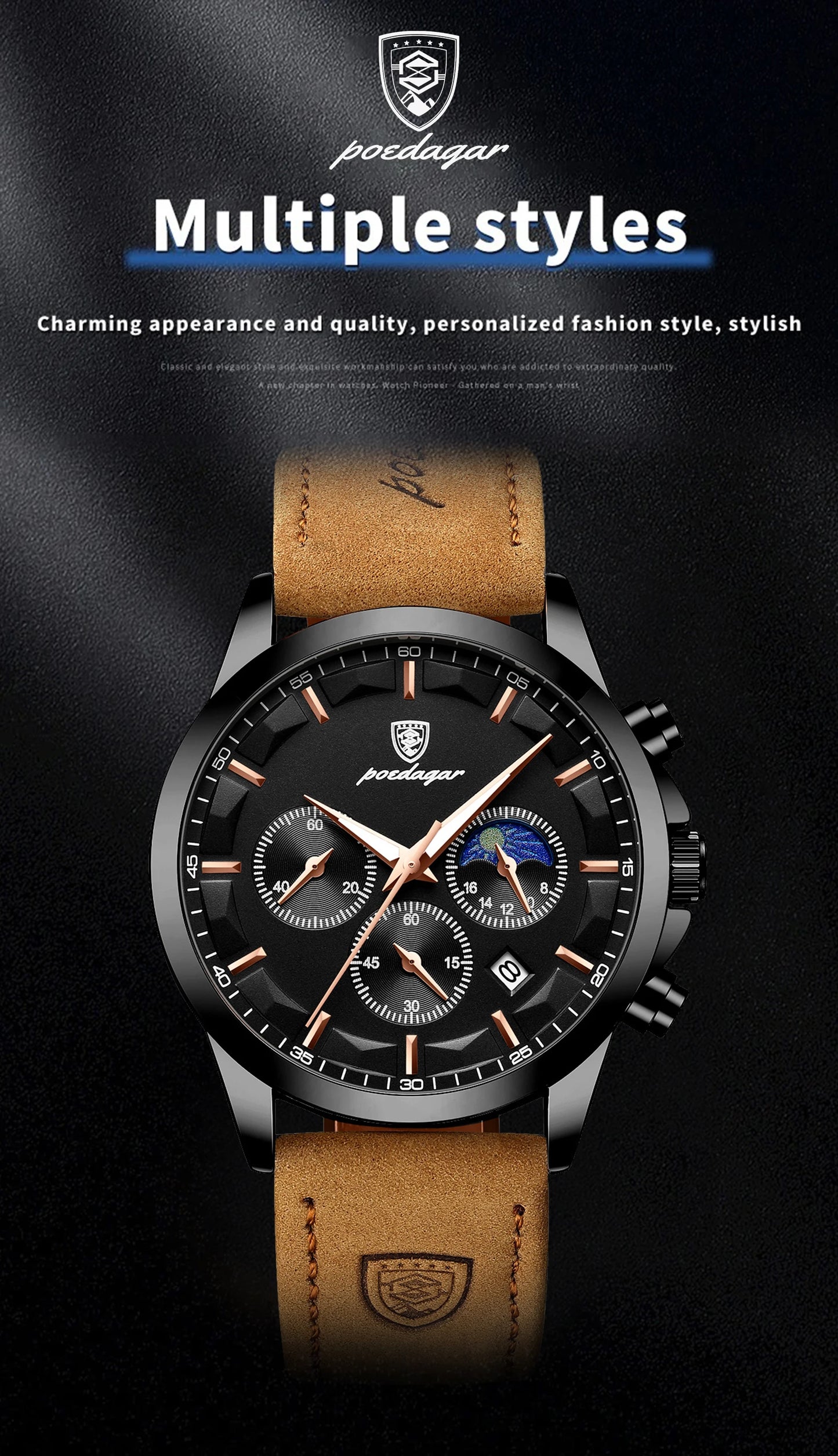 POEDAGAR Fashion Business Men Quartz Watch Waterproof Chronograph Luminous Date Man Wristwatch Leather Men's Watches Clock Reloj