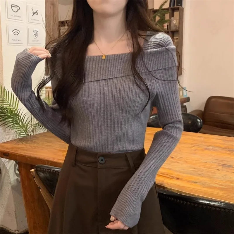 Solid Sexy Slim Off Shoulder Slash Neck Long Sleeve Knitting Sweater Women Jumpers Office Fashion New