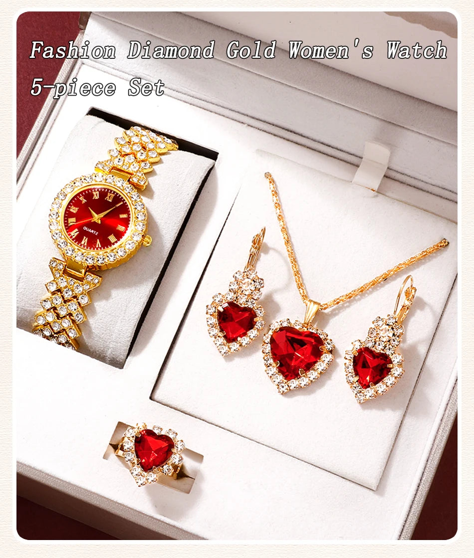 Golden Luxury Watch Women Ring Necklace Earring Rhinestone Fashion Wristwatch Casual Ladies Bracelet Watches Jewelry Set