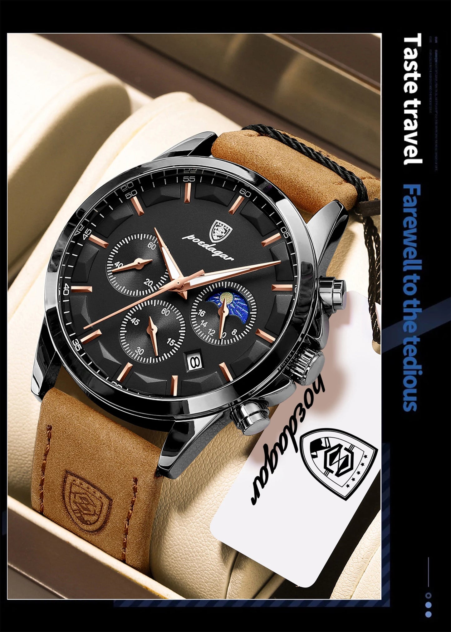 POEDAGAR Fashion Business Men Quartz Watch Waterproof Chronograph Luminous Date Man Wristwatch Leather Men's Watches Clock Reloj