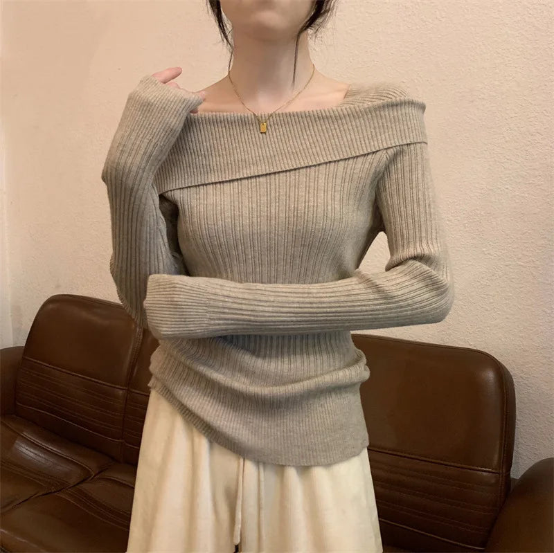 Solid Sexy Slim Off Shoulder Slash Neck Long Sleeve Knitting Sweater Women Jumpers Office Fashion New
