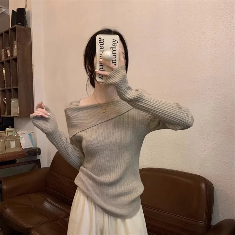 Solid Sexy Slim Off Shoulder Slash Neck Long Sleeve Knitting Sweater Women Jumpers Office Fashion New