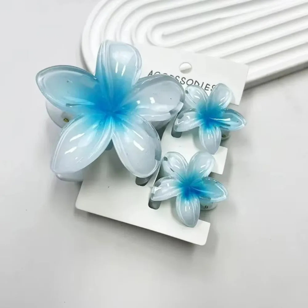 3Pcs/Set Hawaiian Flower Gradient Hair Claws Ponytail Cip Plumeria Flower Shark Clip Barrettes Hairpins For Women Girl