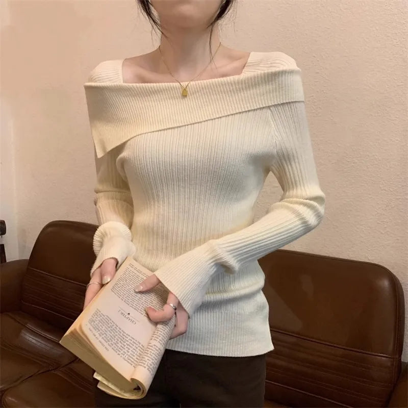 Solid Sexy Slim Off Shoulder Slash Neck Long Sleeve Knitting Sweater Women Jumpers Office Fashion New