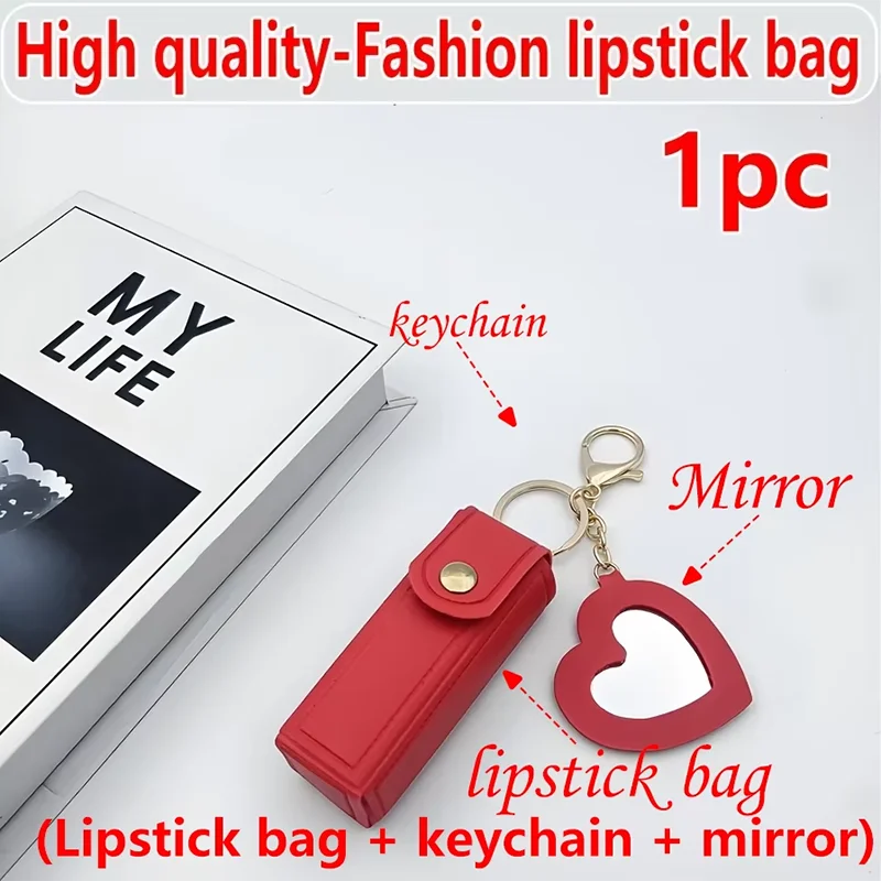 Various colors available, heart-shaped mirror portable mini lipstick bag, portable lipstick bag with mirror, small cosmetic bag,