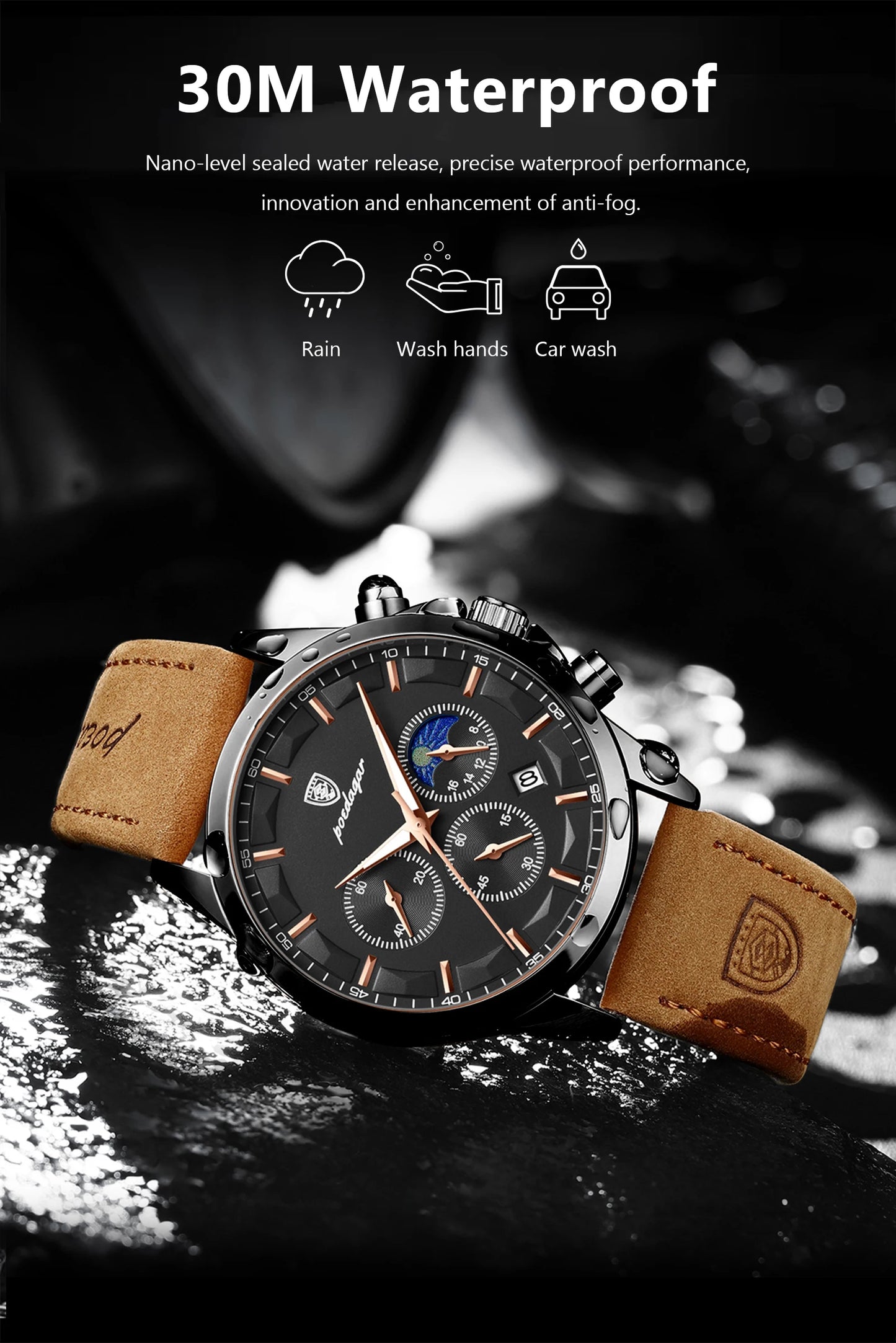 POEDAGAR Fashion Business Men Quartz Watch Waterproof Chronograph Luminous Date Man Wristwatch Leather Men's Watches Clock Reloj