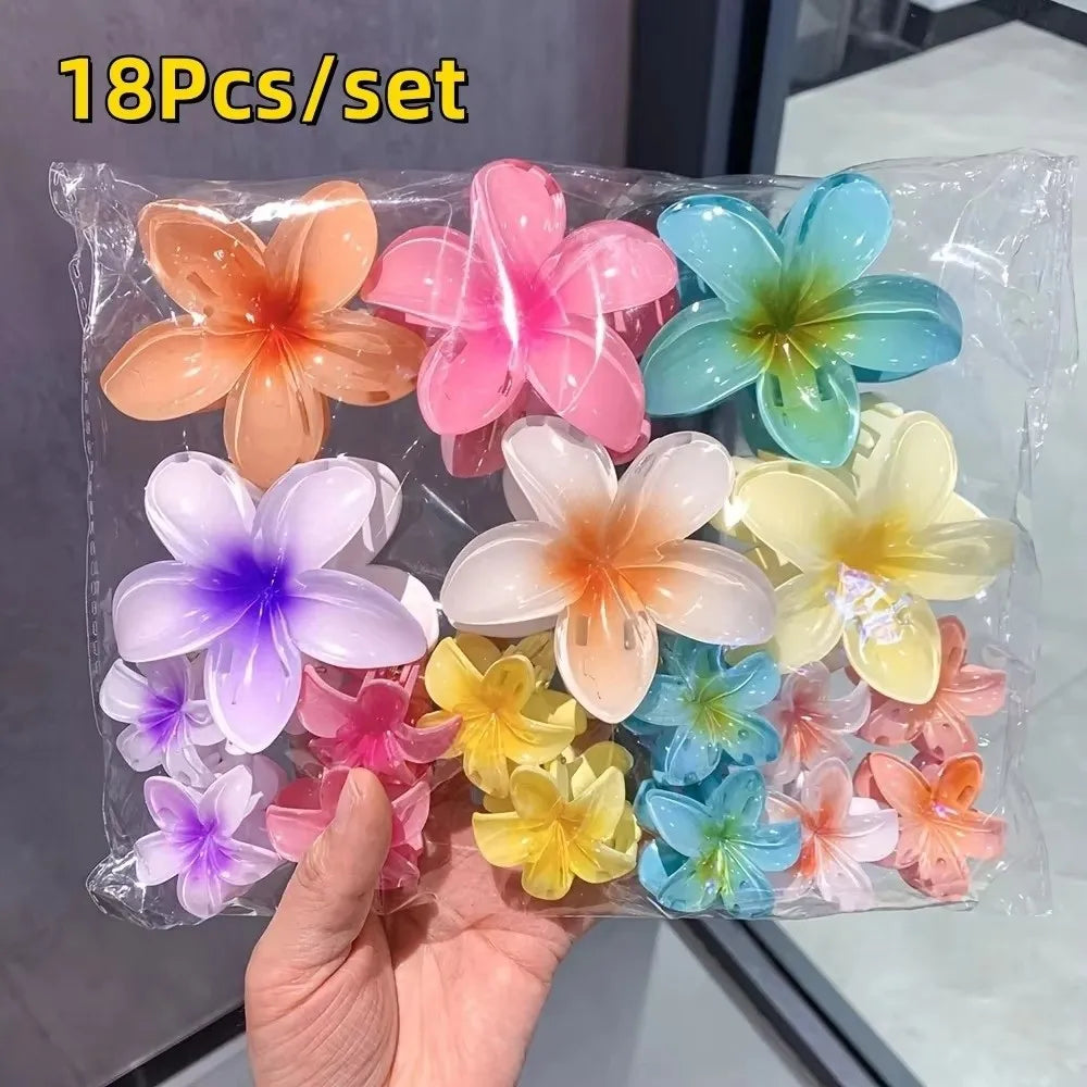 3Pcs/Set Hawaiian Flower Gradient Hair Claws Ponytail Cip Plumeria Flower Shark Clip Barrettes Hairpins For Women Girl