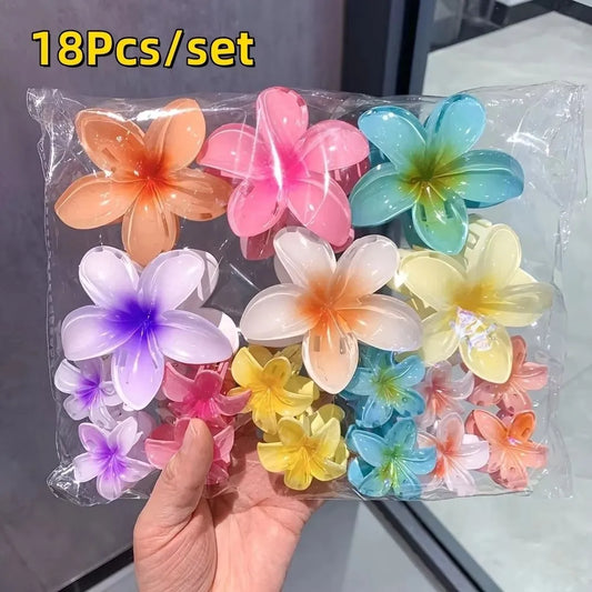 3Pcs/Set Hawaiian Flower Gradient Hair Claws Ponytail Cip Plumeria Flower Shark Clip Barrettes Hairpins For Women Girl