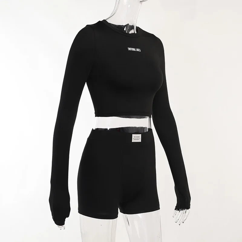 Summer Round Neck Long Short sleeved 3/4 Shorts Two piece Women's Fashion Sports Versatile Set