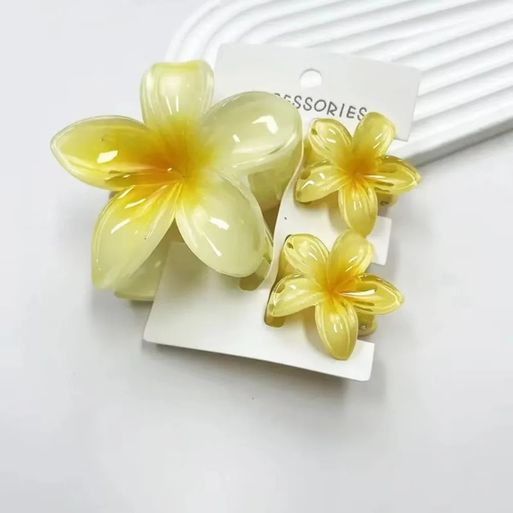 3Pcs/Set Hawaiian Flower Gradient Hair Claws Ponytail Cip Plumeria Flower Shark Clip Barrettes Hairpins For Women Girl