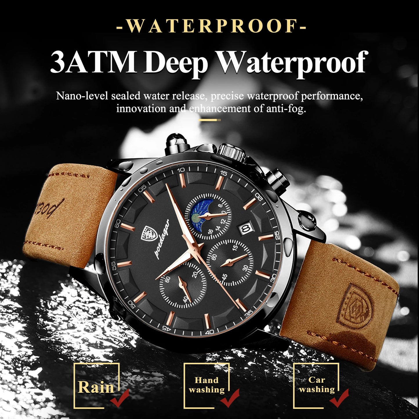 POEDAGAR Fashion Business Men Quartz Watch Waterproof Chronograph Luminous Date Man Wristwatch Leather Men's Watches Clock Reloj